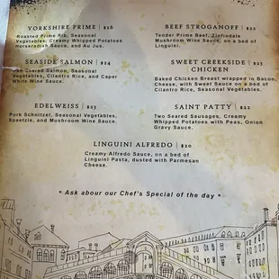 Dinner menu