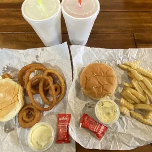 Burgers french fries shakes and onion rings