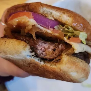 Medium well Provolone Onion Burger with fixings, delicious!