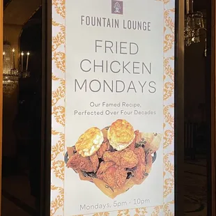 Lobby ad for Fried Chicken Mondays