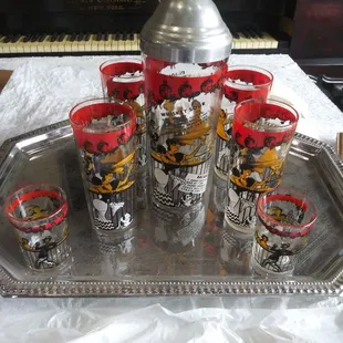 Vintage Hazel Atlas cocktail shaker &amp; glasses. Gay 90's bar design. Graphics excellent. 7 recipes on shaker. Like new. Will ship $100 obo.