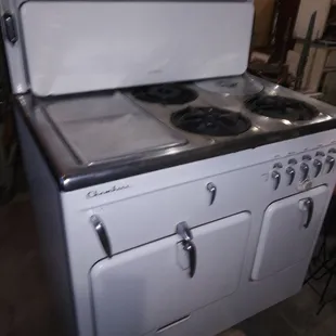 Original 1940's Chambers gas stove. Works, timer works, 4th burner is for soups, beans. Like a crock pot before crock pots were made.