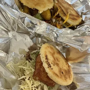 Four brothers and pabellon in back and the pulled pork in front