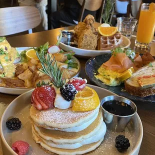 Chipotle Benedict,  Mascarpone Pancake, Nova Omelet, Chicken and Waffle