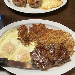 Steak and eggs, pork chops and eggs