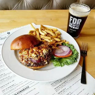 Bleu cheese burger, hand cut fries, paired with Identity Crisis
