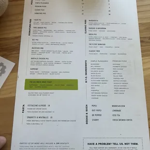 Pizza menu