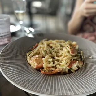 Lobster bucatini loaded with fresh lobster and lots of garlic. Incredibly good dish.