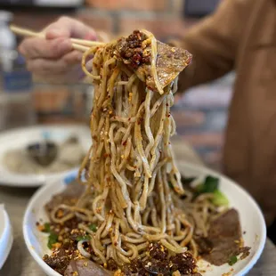 a plate of noodles being lifted by chopsticks
