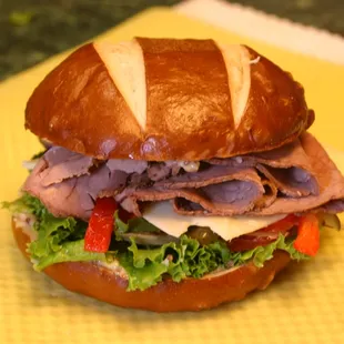 Roast beef on Pretzel roll.