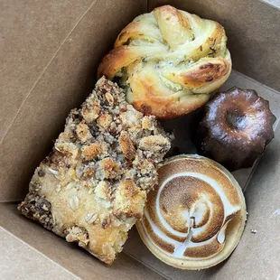 Canele, calamansi meringue tart, goat cheese knot, milo coffee cake slice .... so good!!!