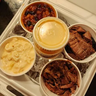 Brisket, pulled pork, baked beans, Mac &amp; cheese, &amp;sauces