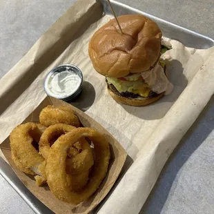 Double cheeseburger and onion rings
