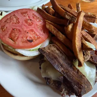 Burger with cheese and bacon, side of fries