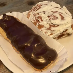 Eclair and Cinnamon Roll with frosting