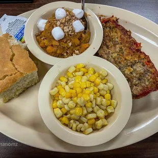 Meatloaf with Sweet Potato Soufflé, Corn &amp; Cornbread