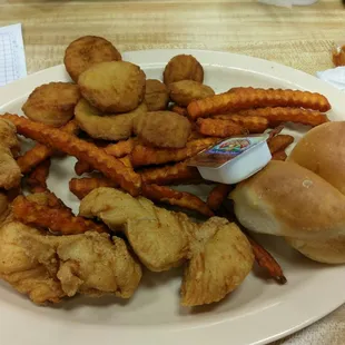 Chicken tenders, sweet potato fries and fried squash