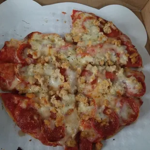 Pepperoni and Sausage pizza. Not very tasty. Almost take like a frozen pizza. Disappointed.