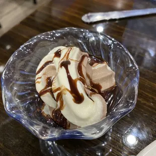 ice cream and chocolate sauce in a glass bowl