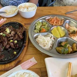 Beef bulgogi and kimchi.