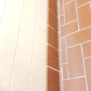 a corner of a tiled bathroom