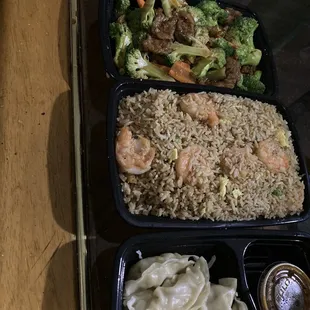White rice, Beef with Broccoli, Shrimp Fried Rice, Steamed Dumplings