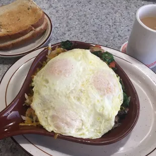 Garden skillet, eggs over easy and rye toast.