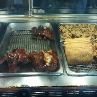 Barbeque ribs, tri tip, mojos, chicken gizzards, pizza pockets and burritos.