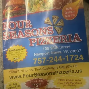 a menu for four seasons pizzeria