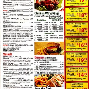 the menu for four seasons pizzeria