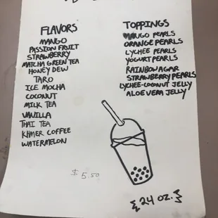 Bubble Tea Menu