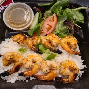 shrimp skewers and rice