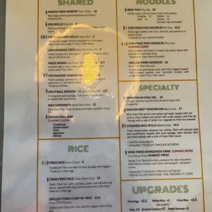 Menu, first full day of opening