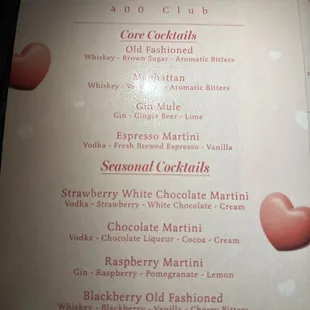 Valentine 400 Club menu