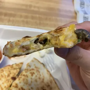 Chicken quesadilla + bacon for extra  Normally it's $6.29  Thursday's it's $7.29 with medium fountain drink