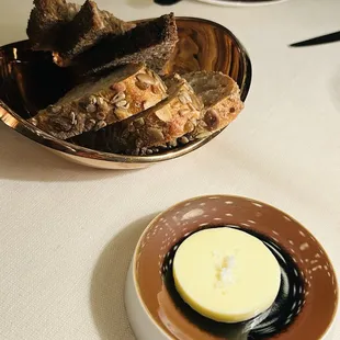 Vermont Creamery butter with sea salt, Swedish multigrain bread and sourdough bread.