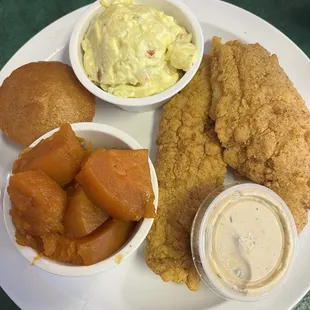 Fried Catfish, yams, potato salad, cornbread