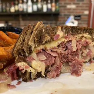 Reuben sandwich with sweet potato fries w/ agave syrup. Soooo good.
