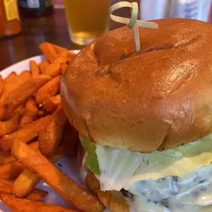 The Dutch Burger. Two patties, liquid Brie, applesauce. Sweet potato fries.