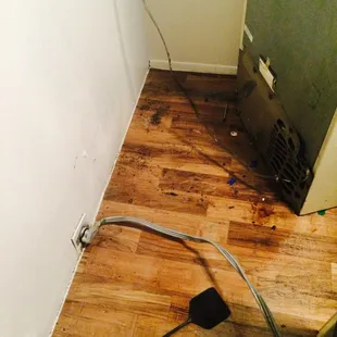 Behind the stove and fridge