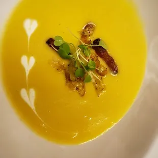Potato Leek Soup With Lardons and Micro Arugula