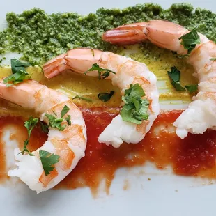 Shrimp Cocktail with Tequila Cocktail Sauce, Yellow Curry Aioli, and Basil Pesto