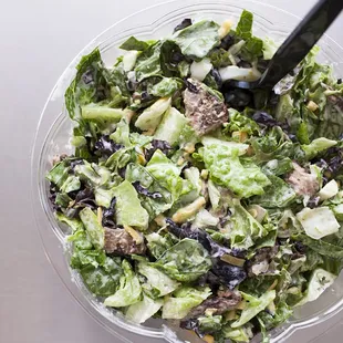 build your own salad: romaine and spring mix, black beans, chickpeas, chow mein noodles, blue cheese, meat, regular ranch