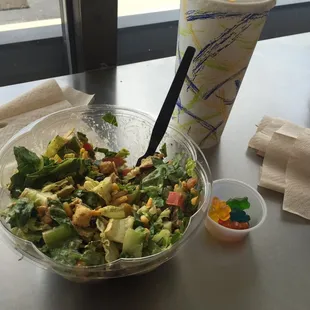 Southwest salad is pretty good. Opt for fresh jalapeño