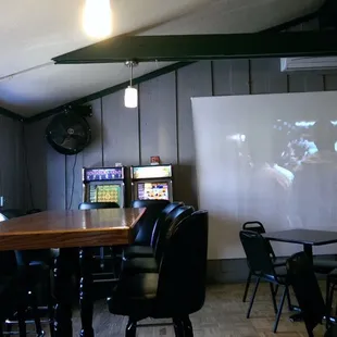 The loft with the crapy picture projection screen tv.