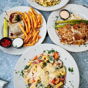 Turkey and Gouda Melt, Creamy Tortellini, Crab Cake Dinner, Blackened Chicken Alfredo