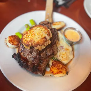 8/17/22 special - ribeye with crab cakes and scallops, mashed potatoes and asparagus