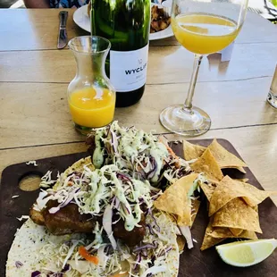 Great Fish Tacos! And $20 for a bottle of champagne and orange juice for Mimosas.