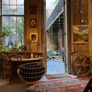 View from indoors to outdoor patio.