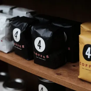 coffee bags on a shelf